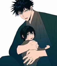  2boys age_regression aged_down black_hair commentary_request crying crying_with_eyes_open father_and_son fushiguro_megumi fushiguro_touji green_eyes grey_kimono highres japanese_clothes jujutsu_kaisen kimono long_sleeves looking_at_viewer male_focus multiple_boys open_mouth scar scar_on_face scar_on_mouth shenshan_laolin short_hair simple_background tears white_background wide_sleeves 