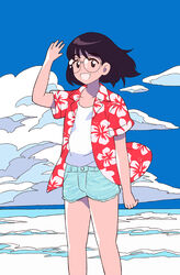  aqua_shorts aragon_honnin arm_at_side arm_up black_eyes black_hair blue_sky cloud cloudy_sky commentary_request day feet_out_of_frame female floral_print glasses hand_up hawaiian_shirt looking_at_viewer medium_hair no_sclera open_clothes open_mouth open_shirt original outdoors photoshop_(medium) print_shirt red_shirt rimless_eyewear round_eyewear shirt short_sleeves shorts sky smile solo standing undershirt white_shirt wind 