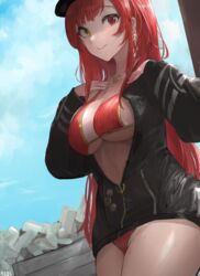  bikini black_jacket breasts chan1moon cleavage cowboy_shot day earrings female hand_on_own_chest heterochromia highres hololive houshou_marine houshou_marine_(summer) jacket jewelry large_breasts long_hair necklace no_pants official_alternate_costume official_alternate_hair_length official_alternate_hairstyle outdoors red_bikini red_eyes red_hair solo swimsuit tetrapod thighs underboob very_long_hair virtual_youtuber yellow_eyes 