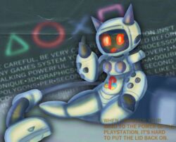  2023 anthro anthrofied cc-by-nc creative_commons digital_drawing_(artwork) digital_media_(artwork) domestic_cat english_text felid feline felis female hi_res lizardfungus machine mammal playstation robot screen screen_face solo sony_corporation sony_interactive_entertainment tail text 