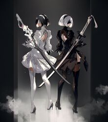  2b_(nier:automata) 2girls 2p_(nier:automata) absurdres black_blindfold black_dress black_footwear black_hair black_legwear black_vs_white blindfold boots closed_mouth commentary covered_eyes dark-skinned_female dark_skin dress feather_trim full_body hairband high_heel_boots high_heels highres lips long_sleeves mole mole_under_mouth multiple_girls nier:automata nier_(series) puffy_sleeves short_dress short_hair simple_background standing stiletto_heels sword takagi_masafumi thigh_boots thighhighs thighhighs_under_boots turtleneck weapon white_blindfold white_dress white_footwear white_hair 