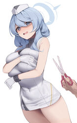  1other absurdres ako_(blue_archive) bad_id bad_pixiv_id bare_shoulders blue_archive blue_eyes blue_hair blurry blurry_foreground blush breasts covered_navel covering_breasts covering_privates cowboy_shot cuffs deep_skin dress dutch_angle female garrison_cap gloves grabbing_own_breast hair_between_eyes halo hat high_collar highres large_breasts looking_at_viewer medium_hair mung_(larnec) nurse nurse_cap official_alternate_costume open_mouth out_of_frame pencil_dress pov pov_hands scared scissors shackles short_dress simple_background sleeveless sleeveless_dress swept_bangs thick_thighs thighs utnapishtim_operator_uniform_(blue_archive) white_background white_gloves 