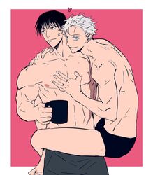  2boys abs anger_vein black_hair black_male_underwear blue_eyes boxers coffee_mug collarbone commentary_request cup fushiguro_touji gojou_satoru grabbing hand_on_another&#039;s_chest heart highres holding holding_cup hug jujutsu_kaisen male_focus male_underwear mature_male mug multiple_boys muscular muscular_male navel nipples pants pectoral_grab pectorals pink_background scar scar_on_face scar_on_mouth shenshan_laolin short_hair smile topless_male underwear white_hair yaoi 