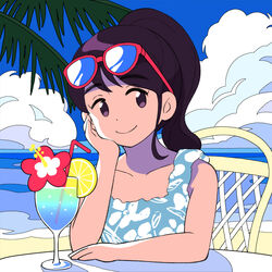  aragon_honnin beach bendy_straw black_eyes black_hair blue_skirt chair cloud cloudy_sky commentary_request day dress drinking_straw eyewear_on_head female flat_color floral_print flower food fruit glass head_rest lemon lemon_slice long_hair original outdoors photoshop_(medium) ponytail pov_across_table red-framed_eyewear red_flower skirt sky sleeveless smile solo sunglasses tree upper_body 