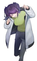  akimikan_(2.5deciliter) coat commentary_request diagonal_bangs female green_shirt highres idolmaster idolmaster_shiny_colors long_sleeves looking_at_viewer open_clothes open_coat pants puffy_long_sleeves puffy_sleeves purple_eyes purple_hair purple_nails shirt short_twintails solo tanaka_mamimi twintails white_background white_coat 