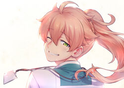  1boy commentary fate/grand_order fate_(series) floating_hair from_behind green_eyes hair_between_eyes lab_coat lanyard long_hair looking_at_viewer male_focus one_eye_closed ponytail portrait romani_archaman simple_background smile solo three_quarter_view try_(lsc) white_background 