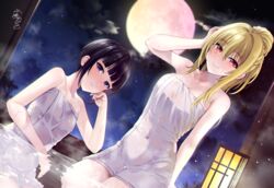  2girls bath black_hair blonde_hair blunt_bangs blush breasts cleavage collarbone covered_navel dutch_angle futou_ryouko head_rest highres idolmaster idolmaster_cinderella_girls kurosaki_chitose lantern looking_at_viewer medium_breasts moon multiple_girls naked_towel night night_sky ofuro ponytail purple_eyes red_eyes reflection reflective_water refraction same-sex_bathing shared_bathing shirayuki_chiyo sky small_breasts smile steam sweatdrop towel velvet_rose_(idolmaster) wet 