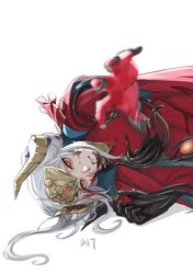  absurdres black_sclera breasts cape colored_sclera da-cart dress edelgard_von_hresvelg edelgard_von_hresvelg_(hegemon_husk) female fire_emblem fire_emblem:_three_houses fire_emblem_heroes gloves hair_ornament highres horns long_hair long_sleeves looking_at_viewer monster monster_girl red_eyes simple_background solo white_hair 