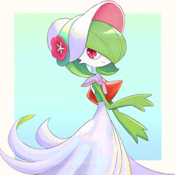  bonnet border colored_sclera colored_skin commentary dress english_commentary female gardevoir gardevoir_(fashionable) green_hair green_skin hair_over_one_eye highres looking_at_viewer pokemon pokemon_(creature) pokemon_unite red_eyes simple_background smile solo truejekart white_border 