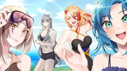  4girls absurdres axel_syrios aztree blonde_hair blush breasts genderswap_(mtf) glasses highres holostars holostars_english holotempus long_hair looking_at_viewer magni_dezmond multicolored_hair multiple_girls noir_vesper one-piece_swimsuit outdoors print_hair purple_eyes purple_hair regis_altare rule_63 see-through sky smile streaked_hair swimsuit virtual_youtuber 