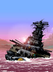  absurdres aircraft_catapult anti-aircraft_gun battle_of_leyte_gulf battleship blue_sky cloud commentary_request gradient_sky highres imperial_japanese_army imperial_japanese_navy kikumon matsuda_juukou military military_vehicle musashi_(battleship) navy no_humans ocean original outdoors partial_commentary railing range_finder ship sinking sky sunlight turret type_93_hmg vehicle_focus warship watercraft waves weapon world_war_ii 