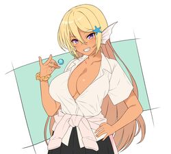  animal_ears black_skirt blonde_hair blush breasts candy cleavage clothes_around_waist dark-skinned_female dark_skin enjo_kouhai era_(takunomi) female fingernails fins food grin gyaru hair_between_eyes hand_on_own_hip hand_up head_fins highres holding jacket jacket_around_waist kogal lollipop long_hair looking_at_viewer mole mole_under_eye no_bra open_clothes open_shirt pinky_out pleated_skirt purple_eyes scrunchie shirt short_sleeves skirt smile solo takunomi white_shirt wrist_scrunchie 