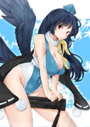  alternate_costume armor autumn_leaves bird_wings black_coat blue_background blue_hair blush bodystocking breasts cleavage closed_mouth coat covered_nipples dot_mouth feathered_wings female gem hat holding holding_tripod iizunamaru_megumu jyaoh0731 large_breasts leaf_print leotard long_hair low_wings pauldrons pointy_ears pom_pom_(clothes) red_eyes shoulder_armor simple_background single_pauldron sleeveless sleeveless_coat solo tengu thighs tokin_hat touhou tripod wings 