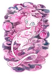  2015 abstract_background ambiguous_gender artist_name blue_eyes cloud cryptosilver feral full-length_portrait generation_1_pokemon legendary_pokemon mew_(pokemon) moon nintendo orb painting_(artwork) pink_body pink_cloud pokemon pokemon_(species) portrait sky solo tail traditional_media_(artwork) watercolor_(artwork) 