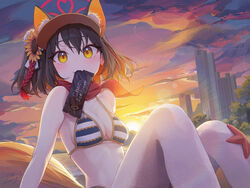  animal_ear_fluff animal_ears beach bikini black_hair blue_archive blush breasts brown_hair building cleavage cloud commentary evening extra_ears female food food_wrapper fox_ears fox_girl fox_tail hair_between_eyes halo hat highres izuna_(blue_archive) izuna_(swimsuit)_(blue_archive) looking_at_viewer medium_breasts medium_hair mouth_hold multicolored_hair nyamunyamu oerba_yun_fang official_alternate_costume orange_eyes orange_hair outdoors pink_halo popsicle red_scarf sand scarf sitting skin_fang sky solo starfish striped_bikini striped_clothes sunset swimsuit tail visor_cap yellow_eyes 