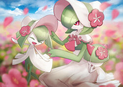  :d :o blurry bonnet closed_eyes closed_mouth cloud commentary day evolutionary_line field flower flower_field gardevoir gardevoir_(fashionable) hair_flower hair_ornament hands_up hat kirlia open_mouth outdoors petals pink_flower pokemon pokemon_(creature) pokemon_unite purple_eyes ralts sitting sky smile standing tongue yukichi_(tsuknak1) 