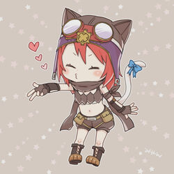  alternate_color animal_ear_headwear animal_ears blue_bow blush boots bow brown_background brown_footwear brown_gloves brown_headwear brown_shorts brown_tube_top cat_tail chibi closed_eyes closed_mouth commentary_request fake_animal_ears female fingerless_gloves flat_chest full_body gloves goggles goggles_on_headwear heart lowres medium_hair midriff miyan_(shamigame) navel o3o ragnarok_masters ragnarok_online ranger_(ragnarok_online) red_hair scarf shorts solo star_(symbol) strapless tail tail_bow tail_ornament tube_top 