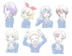  6+girls :d ^_^ aikatsu! aikatsu!_(series) alternate_hair_length alternate_hairstyle arisugawa_otome arms_up blonde_hair blue_eyes blue_hair blue_jacket blunt_bangs blush bob_cut bow brown_hair clenched_hand clenched_hands closed_eyes closed_mouth commentary_request cropped_torso facing_viewer flower from_side green_eyes hair_flower hair_intakes hair_ornament hairbow hand_up happy head_tilt hoshimiya_ichigo interlocked_fingers jacket kanzaki_mizuki kiriya_aoi kitaoji_sakura looking_at_viewer looking_back looking_to_the_side medium_hair multiple_girls neck_ribbon open_mouth orange_hair own_hands_together paw_pose pink_hair piyotori pose purple_eyes purple_hair red_bow red_eyes ribbon round_teeth school_uniform shibuki_ran shirt short_hair sidelocks simple_background smile starlight_academy_school_uniform teeth todo_yurika upper_body upper_teeth_only white_background white_hair white_shirt 