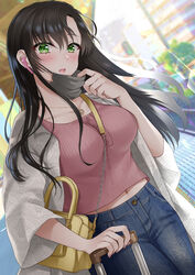  abe_hikaru absurdres bag baggy_clothes between_breasts black_hair blush breasts collarbone cowboy_shot denim earbuds earphones female green_eyes handbag highres jeans knit_sweater long_hair luggage mask mask_pull midriff mouth_mask nail_polish navel original pants pink_shirt shirt solo strap_between_breasts suitcase tactile_paving train_station 