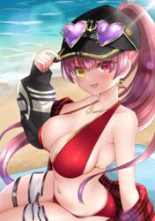  anchor_print anchor_symbol arrow_through_heart baseball_cap beach bikini black_hat black_jacket blush breasts cleavage commentary_request dolphin_shorts earrings eyewear_on_headwear female hand_on_headwear hat heart heart-shaped_eyewear heart_earrings heart_necklace heterochromia high_ponytail highres hololive houshou_marine houshou_marine_(summer) jacket jewelry kokemomo_(makesound) large_breasts lens_flare long_hair navel necklace o-ring o-ring_thigh_strap oerba_yun_fang off_shoulder official_alternate_costume official_alternate_hair_length official_alternate_hairstyle open_mouth plaid ponytail red_bikini red_eyes red_hair shorts sideboob sitting smile solo sunglasses sunlight swimsuit thick_thighs thigh_strap thighs very_long_hair virtual_youtuber yellow_eyes 