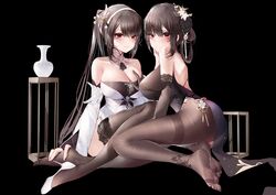  2girls absurdres ass azur_lane bare_shoulders black_background black_dress black_gloves black_hair black_legwear blush bodystocking bottle braid breasts chen_hai_(azur_lane) chen_hai_(vestibule_of_wonders)_(azur_lane) china_dress chinese_clothes cleavage closed_mouth collarbone detached_collar detached_sleeves dress dual_persona elbow_gloves flower gloves grabbing grabbing_another&#039;s_breast hair_between_eyes hair_flower hair_ornament hairband half-closed_eyes hand_on_another&#039;s_face high_heels highres lace-trimmed_gloves lace-trimmed_legwear lace_trim large_breasts long_hair long_sleeves looking_at_viewer multiple_girls no_shoes official_alternate_costume pantyhose pelvic_curtain ponytail red_eyes side_slit sidelocks simple_background smile soles thighband_pantyhose thighhighs toes very_long_hair white_dress white_flower white_footwear xiongshouji 