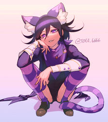  1boy animal_ear_fluff animal_ears artist_name ass black_jacket black_shorts brown_footwear cheshire_cat_(alice_in_wonderland) cheshire_cat_(alice_in_wonderland)_(cosplay) cosplay danganronpa_(series) danganronpa_v3:_killing_harmony grey_background hair_between_eyes jacket legs_apart long_sleeves male_focus medium_hair official_alternate_costume oma_kokichi pink_eyes pink_scarf protected_link scarf shoes shorts simple_background smile solo squatting teeth thighhighs togi9999 