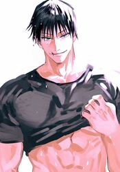  1boy abs bara black_hair black_shirt clothes_lift commentary fushiguro_touji green_eyes jujutsu_kaisen lifting_own_clothes looking_at_viewer male_focus mature_male muscular muscular_male pectorals scar scar_on_face scar_on_mouth shenshan_laolin shirt shirt_lift short_hair short_sleeves smirk solo symbol-only_commentary wet 