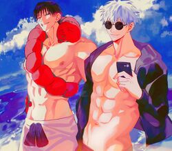  2boys abs bara black_hair blue_eyes blue_sky cellphone cloud commentary fushiguro_touji gojou_satoru green_eyes highres holding holding_phone jujutsu_kaisen looking_at_viewer male_focus male_swimwear monster multiple_boys muscular muscular_male navel nipples outdoors parted_lips pectorals phone scar scar_on_face scar_on_mouth shenshan_laolin short_hair sky smartphone smile smirk summer sunglasses symbol-only_commentary topless_male water white_hair 