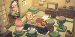  3boys 3girls animal_crossing apple_(animal_crossing) bowl calendar_(object) commentary controller cushion food fruit game_console game_controller highres holding holding_bowl holding_controller indoors jay_(animal_crossing) jeremia_(animal_crossing) joy-con kotatsu looking_at_another mandarin_orange molly_(animal_crossing) multiple_boys multiple_girls nintendo_switch onigiri pillow plucky_(animal_crossing) roald_(animal_crossing) saino_misaki sitting standing symbol-only_commentary table television zabuton 