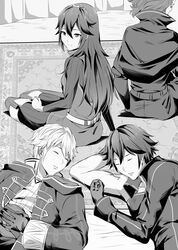  3boys ameno_(a_meno0) bad_id bad_twitter_id bare_arms chrom_(fire_emblem) commentary_request female fire_emblem fire_emblem_awakening gerome_(fire_emblem) gloves greyscale hair_between_eyes highres long_hair lucina_(fire_emblem) lying monochrome multiple_boys on_back robin_(fire_emblem) robin_(male)_(fire_emblem) sitting sleeping smile symbol-shaped_pupils tiara 