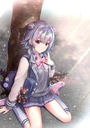  badge bag blazer blue_bag blue_jacket blue_skirt bow bowtie cevio cherry_blossoms commentary converse double_bun falling_petals female grey_hair grey_sweater hair_bun hair_ornament hairclip highres jacket kneehighs koharu_rikka lakiston logo looking_at_viewer lukky_clover miniskirt petals pink_bow pink_bowtie pink_footwear plant_roots pleated_skirt purple_eyes rainbow school_uniform shoes short_hair shoulder_bag sitting skirt smile sneakers socks solo stuffed_animal stuffed_toy sunlight sweater synthesizer_v teddy_bear tree wariza 