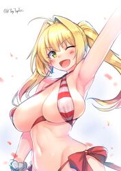  absurdres arm_up armpits bare_shoulders bikini blonde_hair blush bracelet breasts commentary criss-cross_halter earrings fate/grand_order fate_(series) female gradient_background green_eyes hair_intakes halterneck highres huge_breasts jewelry long_hair nero_claudius_(fate) nero_claudius_(swimsuit_caster)_(fate) one_eye_closed pink_background scrunchie smile solo striped_bikini striped_clothes swimsuit try_(lsc) twintails twitter_username white_background white_scrunchie 