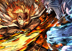  2boys akaza_(kimetsu_no_yaiba) attack battle black_jacket blonde_hair blood blood_on_face clenched_hand clenched_teeth commentary_request demon_slayer_uniform duel fire flaming_sword flaming_weapon forked_eyebrows haori holding holding_sword holding_weapon injury jacket japanese_clothes kankan33333 katana kimetsu_no_yaiba long_hair long_sleeves looking_at_another male_focus motion_lines multicolored_hair multiple_boys one_eye_closed open_mouth punching red_eyes red_hair rengoku_kyoujurou sharp_teeth short_hair sword teeth weapon 