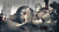  absurdres blood crown dress eyebrows_hidden_by_hair female hair_between_eyes highres indoors looking_at_viewer lying open_mouth original qizhongji red_eyes reflection reflective_floor smile solo white_dress white_hair yandere 