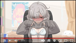  averting_eyes bedroom bikini bikini_under_clothes blush breasts closed_mouth clothes_lift commentary_request commission female front-tie_bikini_top front-tie_top full-face_blush grey_hair grey_hoodie hands_up hood hood_down hoodie hoodie_lift indoors jewelry lifting_own_clothes magia_record:_mahou_shoujo_madoka_magica_gaiden mahou_shoujo_madoka_magica medium_breasts messy_hair miwa_mitsune nervous_smile orange_eyes poster_(object) red_bull ring short_hair skeb_commission sleeves_past_wrists smile solo sweat swept_bangs swimsuit upper_body user_interface white_bikini you2 youtube 