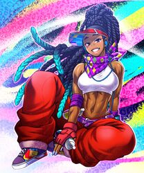  baggy_pants black_hair braid breasts chiba_toshirou crop_top dark-skinned_female dark_skin female fingerless_gloves gloves gradient_hair headphones highres kimberly_jackson multicolored_hair multiple_braids muscular muscular_female official_alternate_costume official_alternate_hairstyle pants panty_straps purple_scarf scarf shoes sleeveless smile sneakers solo spray_can street_fighter street_fighter_6 thong toned visor_cap 