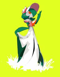  absurdres apios blush bonnet colored_skin commentary female gardevoir gardevoir_(fashionable) green_hair green_skin hair_over_one_eye highres looking_at_viewer multicolored_skin pokemon pokemon_(creature) pokemon_unite red_eyes short_hair simple_background solo standing symbol-only_commentary two-tone_skin white_skin 