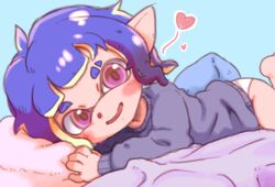  barefoot bed_sheet blue_background blue_hair eyebrow_cut female grey_sweater heart ikaheigen inkling inkling_girl inkling_player_character leg_up long_sleeves looking_at_viewer lying open_mouth panties pointy_ears purple_eyes short_hair simple_background smile solo splatoon_(series) splatoon_3 sweater tentacle_hair underwear white_panties 