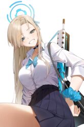  absurdres asuna_(blue_archive) black_collar blonde_hair blue_archive blue_eyes blue_halo blue_ribbon blue_scrunchie blue_sky breasts collar commentary_request earrings female glow_(user_hnpv7785) grin gun halo highres jewelry korean_commentary large_breasts long_hair long_sleeves looking_at_viewer looking_down machine_gun pleated_skirt ribbon school_uniform scrunchie shirt shirt_tucked_in simple_background skirt sky smile solo weapon white_background white_shirt wrist_scrunchie 