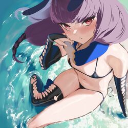  aku_no_onna_kanbu:_perigee_new_moon animal_ears arrow_(tamawo222) bikini black_bikini black_gloves black_thighhighs blunt_bangs blush elbow_gloves female flat_chest gloves long_hair looking_at_viewer navel oboro_(aku_no_onna_kanbu) official_art partially_submerged purple_eyes purple_hair rabbit_ears scarf sitting solo swimsuit thighhighs wet 