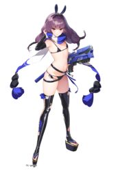  absurdres aku_no_onna_kanbu:_perigee_new_moon animal_ears arrow_(tamawo222) bikini black_bikini black_thighhighs blunt_bangs female flat_chest full_body gun highres hikimayu holding holding_gun holding_weapon long_hair looking_at_viewer navel oboro_(aku_no_onna_kanbu) official_art purple_hair rabbit_ears red_eyes scarf simple_background smile solo swimsuit thighhighs toeless_footwear weapon white_background 