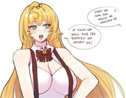  ahoge alternate_breast_size bell black_bow blonde_hair blue_eyes blush bow breasts cleavage cleavage_cutout clothing_cutout collared_shirt commentary commentary_typo english_commentary female highres large_breasts long_hair looking_to_the_side millie_parfait mixed-language_commentary neck_bell nijisanji nijisanji_en open_mouth shirt sideways_glance simple_background sleeveless sleeveless_shirt solo speech_bubble suspenders tagalog_commentary tagalog_text teeth translated upper_body upper_teeth_only virtual_youtuber white_background white_shirt zeelay 