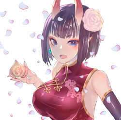  alternate_breast_size breasts cherry_blossoms china_dress chinese_clothes dress elbow_gloves eyeshadow fate/grand_order fate_(series) female flower food fruit gloves hair_flower hair_ornament horns large_breasts makeup natsujiru oni peach pointy_ears purple_eyes purple_hair shuten_douji_(fate) single_glove solo thick_eyebrows white_background 