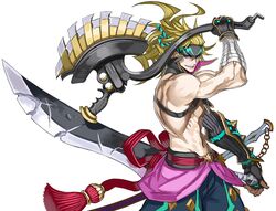  1boy asymmetrical_gloves axe back baggy_pants bandaged_arm bandages bare_pectorals biceps black_gloves blonde_hair blue_eyes fate/grand_order fate_(series) fingerless_gloves gloves grin headband holding holding_axe holding_weapon honjou_raita katana long_hair looking_at_viewer muscular official_alternate_costume over_shoulder pants pectorals sakata_kintoki_(fate) sakata_kintoki_(heian_warrior_attire)_(fate) sash scratches smile solo sword uneven_gloves weapon weapon_over_shoulder 