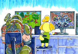  1boy animal_crossing animal_ears armor chair commentary computer computer_keyboard computer_mouse computer_tower crossover desk dog_ears dog_girl dog_tail doom_(series) doom_eternal doomguy english_commentary female from_behind isabelle_(animal_crossing) mancubus marker_(medium) meta monitor nintendo_switch office_chair on_chair on_stool playing_games power_armor praetor_suit role_reversal shoulder_cannon sitting skirt standing standing_on_chair stool substance20 swivel_chair tail topknot traditional_media video_game villager_(animal_crossing) 