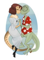  anthro beans_(rango) boots bottomless chameleon closed_eyes clothed clothing collar desert_iguana dress duo featureless_crotch female footwear green_body hair hand_holding high_heeled_boots high_heels iguana iguanid jabberwockychamber lizard male male/female rango rango_(movie) reptile romantic romantic_ambiance romantic_couple scalie shirt tan_body topwear veiled_chameleon 