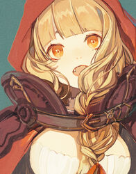  aqua_background belt belt_buckle blonde_hair blunt_bangs braid breasts brown_belt buckle cape cleavage commentary female hair_ribbon highres hood hood_up hooded_cape long_hair looking_at_viewer oerba_yun_fang open_mouth photoshop_(medium) red_cape red_hood red_ribbon red_riding_hood_(sinoalice) ribbon senryoko simple_background single_braid sinoalice solo upper_body wavy_hair yellow_eyes 