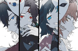  3boys alissax19 bad_id bad_pixiv_id black_hair blue_eyes brown_hair commentary_request female floral_print fox_mask grey_eyes hanafuda hand_up japanese_clothes kamado_tanjirou kimetsu_no_yaiba kimono long_hair looking_at_viewer makomo_(kimetsu) mask mask_on_head multiple_boys orange_hair pink_kimono rain red_eyes sabito_(kimetsu) scar scar_on_cheek scar_on_face scar_on_forehead short_hair tomioka_giyuu wet white_background 