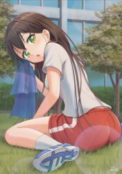  :o artist_name ass bang_dream! black_hair blush breasts brown_hair commentary_request female from_side green_eyes gym_shorts gym_uniform hanazono_tae hand_up highres lic_(licloud28) long_hair looking_at_viewer looking_back medium_breasts on_grass open_mouth outdoors red_shorts shirt shoes short_sleeves shorts sitting socks solo towel tree wariza white_shirt 