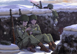  2girls absurdres artist_name backpack bad_id bad_pixiv_id bag binoculars black_eyes black_hair bren_lmg can cigarette cloud combat_helmet crossed_arms frown gaiters gun helmet highres hill kneeling korean_war light_machine_gun long_hair luli1379 m1_garand machine_gun military military_uniform multiple_girls original outdoors republic_of_korea_army rifle sandbag shell_casing sitting smoking snow snowing soldier type_99_light_machine_gun uniform weapon winter 